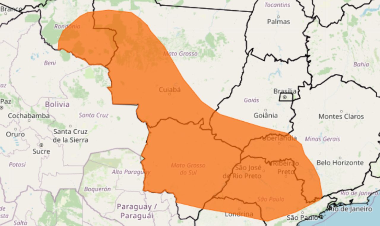 Alerta laranja para áreas como Centro-Oeste, Sudeste, Norte e Sul do Brasil, nesta terça-feira. 